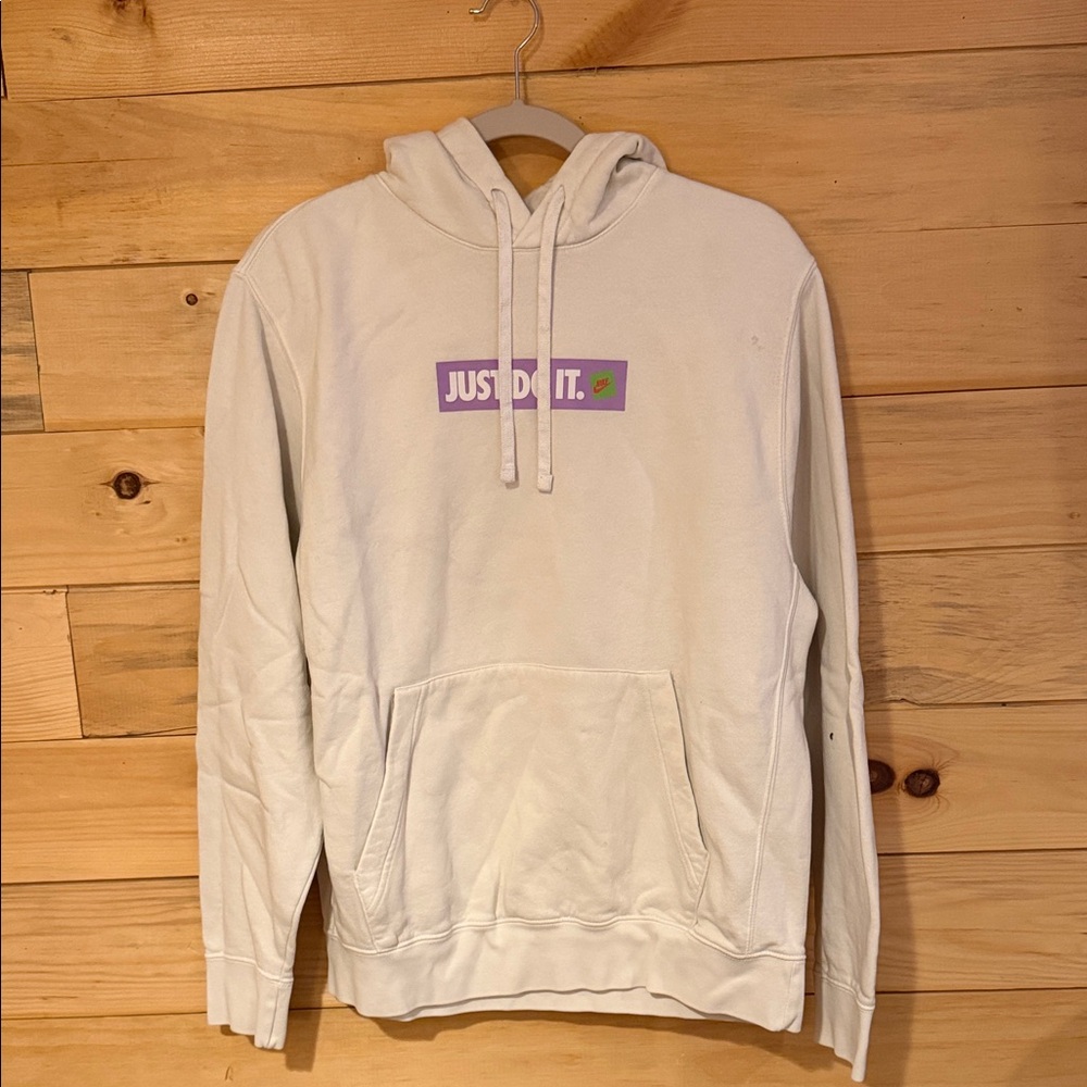 Nike Cream Hoodie with Purple "Just Do It." Box Logo